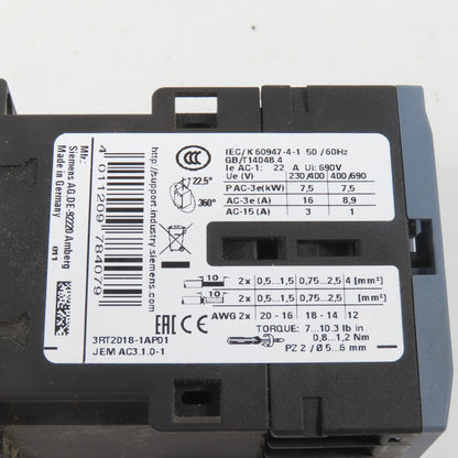 Siemens 3RT2018-1AP01 Sirius 16A 10HP AC Contactor 230V Coil