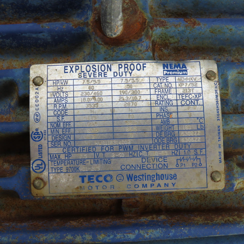 Teco XP7/52 AEHHXV 7.5HP Explosion Proof AC Motor 3535RPM 230/460V 3PH 213T Fr.