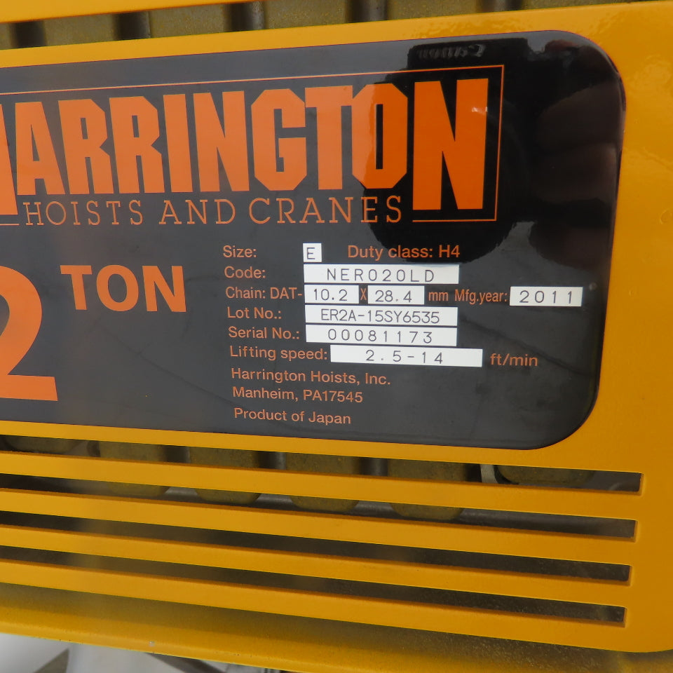 Harrington NER020LD 2 Ton 4000LB Electric Chain Hoist 20'Lift 2.5-14FPM 230/460V