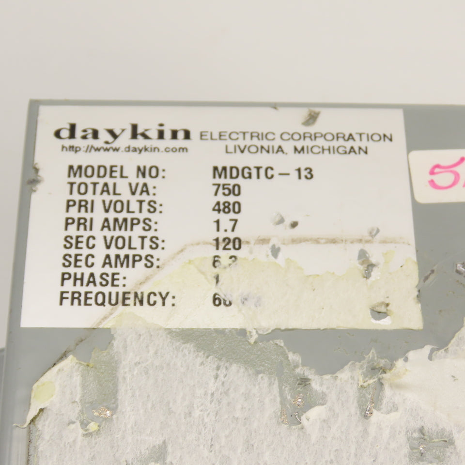 Daykin MDGTC-13 750VA Transformer Disconnect Pri 480V 1.7A Sec 120V 6.3A 1PH
