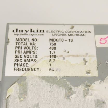 Daykin MDGTC-13 750VA Transformer Disconnect Pri 480V 1.7A Sec 120V 6.3A 1PH