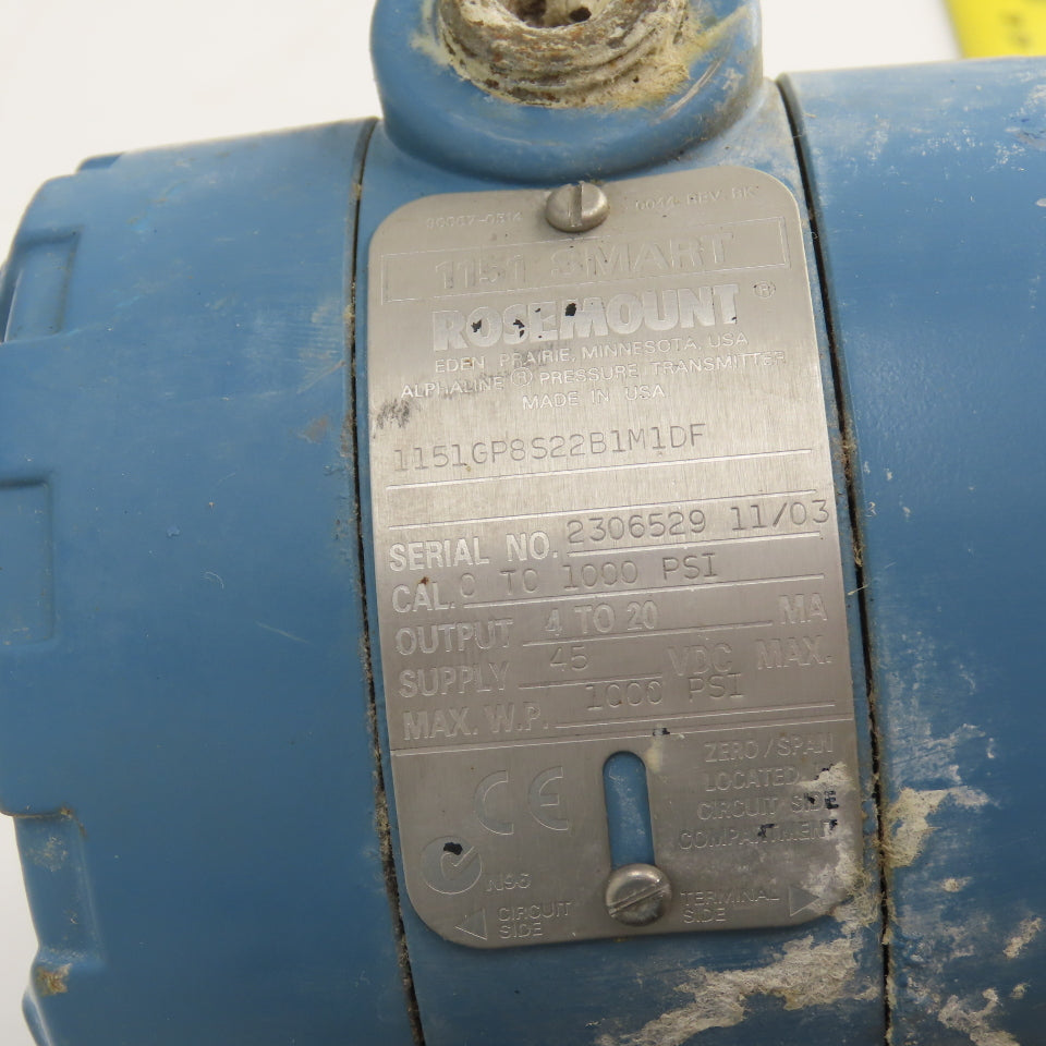 Rosemount 1151GP8S22B1M1DF 1151 Smart Pressure Transmitter 4-20Ma 1000PSI Max