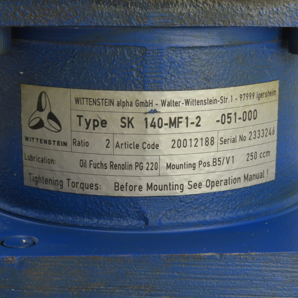Wittenstein SK140-MF1-2-051-000 2001288 Right Angle 2:1 Ratio Gear Reducer