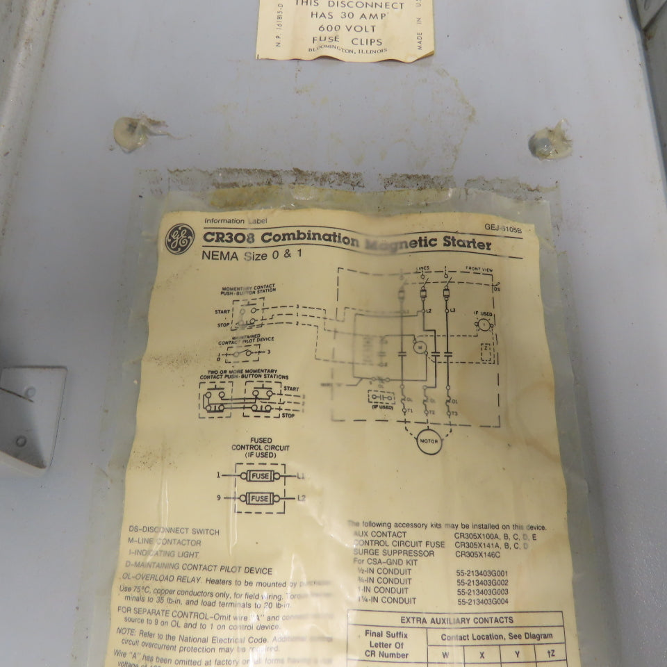 General Electric CR308 Size 0, 1 Combination Starter Disconnect 30A 600V Fused