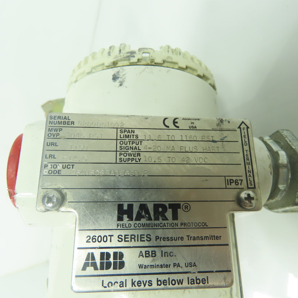 ABB Hart 264HSQSBA1E6B1N2 Pressure Transmitter 10.5-42VDC 4-20Ma 3045PSI MWP OVP