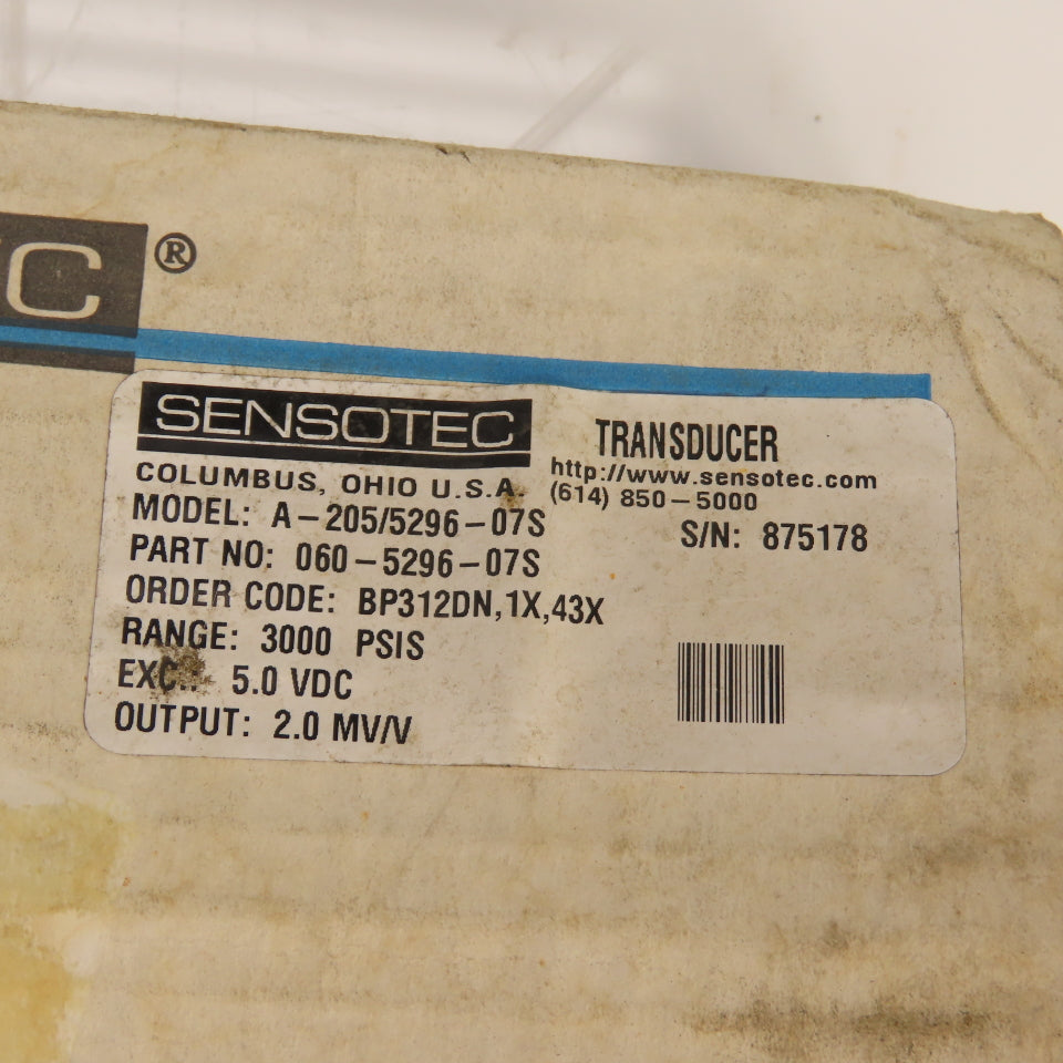 Sensotec 060-5296-07S A-205/5296-07S Pressure Transducer 3000PSIS 5.0VDC NEW