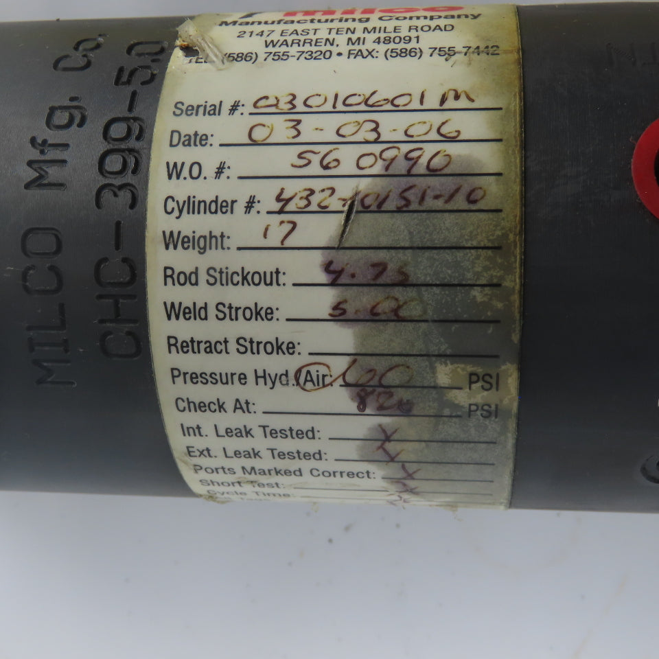 Milco CHC-399-5.0 Pneumatic Weld Cylinder 5" Stroke 432 10151 10