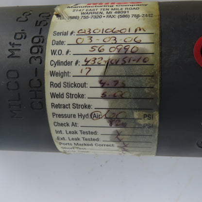 Milco CHC-399-5.0 Pneumatic Weld Cylinder 5" Stroke 432 10151 10