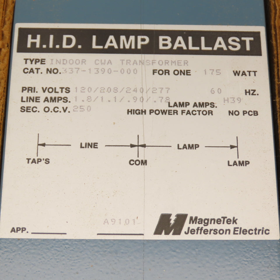 Jefferson Magnetek 337-1390-000 H.I.D. Lamp Ballast Pri 120-277V Sec OCV 250 NEW