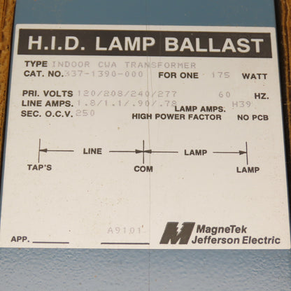 Jefferson Magnetek 337-1390-000 H.I.D. Lamp Ballast Pri 120-277V Sec OCV 250 NEW