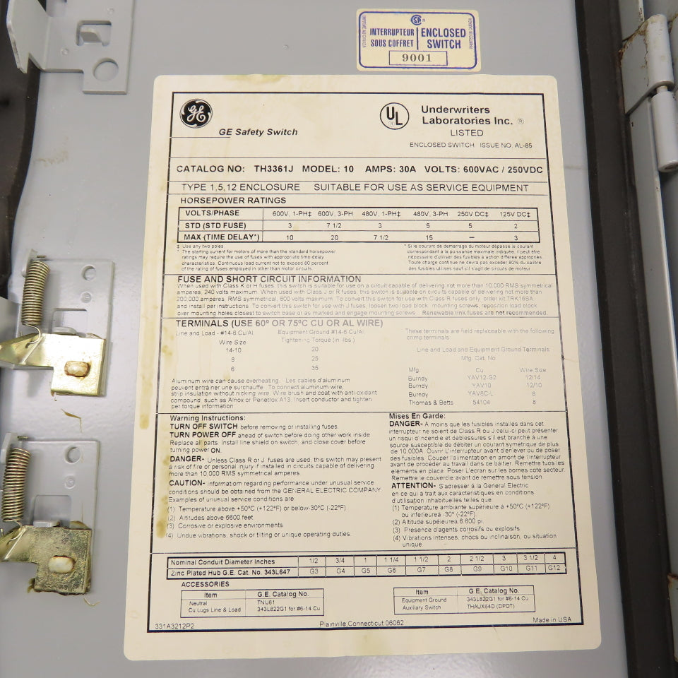General Electric TH3361J 30A Fusible Safety Disconnect Switch 600VAC