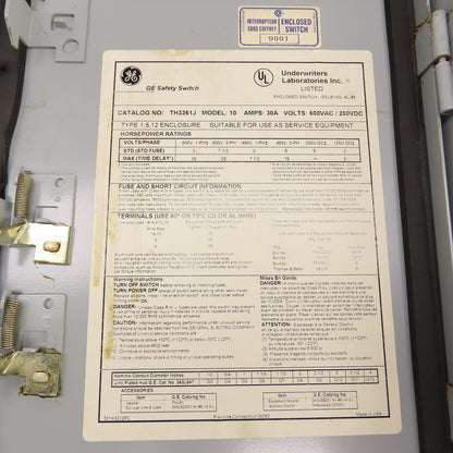 General Electric TH3361J 30A Fusible Safety Disconnect Switch 600VAC