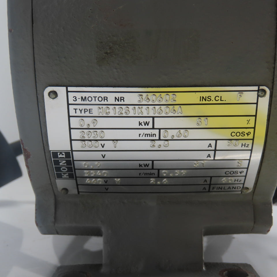 Kone MC12S1K11604A 0.9KW Electric Motor 3Ph 380/460V 2930/3340RPM