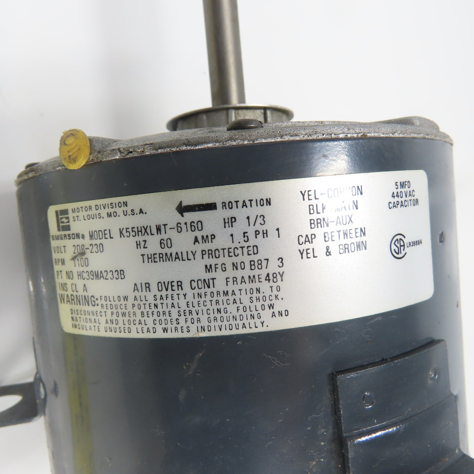 Emerson K55HXLWT-6160 1/3HP Electric Motor 208-230V 1100RPM 1/2" Shaft