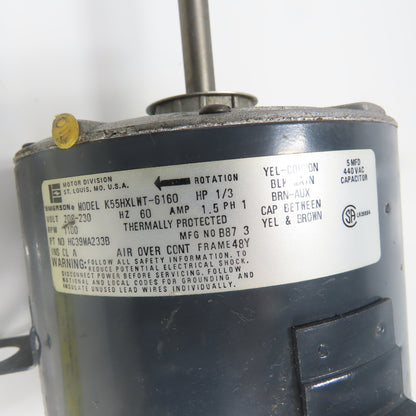 Emerson K55HXLWT-6160 1/3HP Electric Motor 208-230V 1100RPM 1/2" Shaft