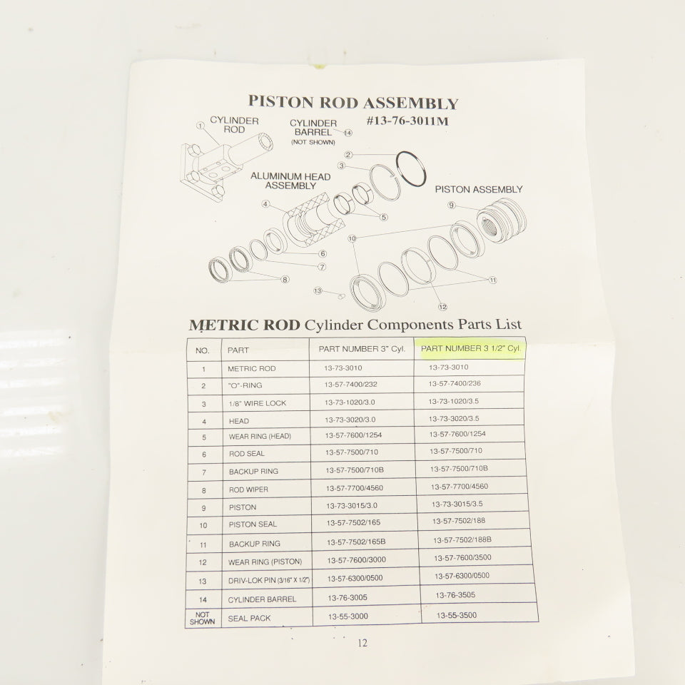 13-76-3011M 3-1/2" Cylinder Piston Assembly Kit 13-73-3010