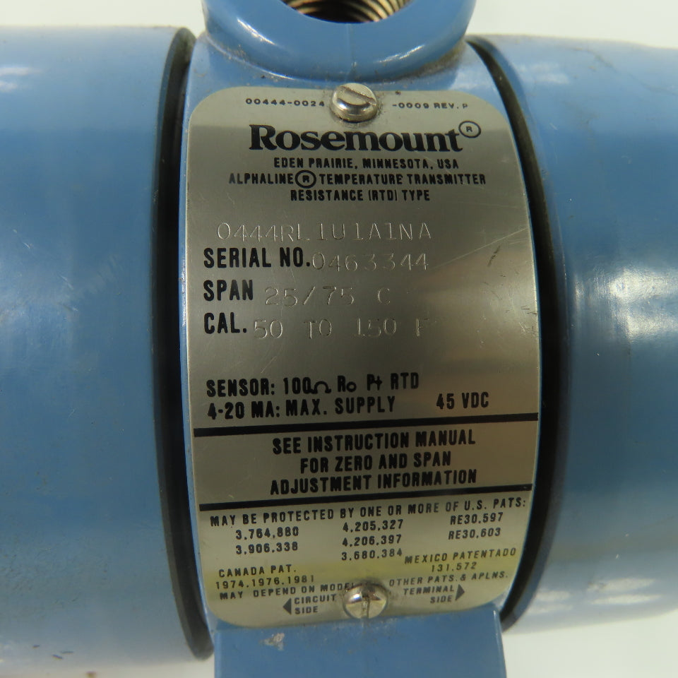 Rosemount 0444RL1U1A1NA Temperature Transmitter 45VDC 4-20Ma 50-150°F