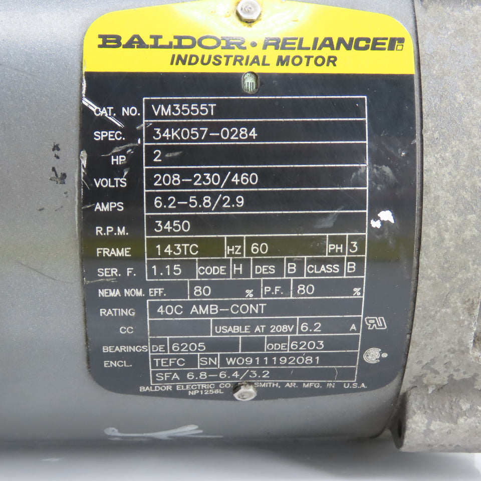 Baldor VM3555T 2HP AC Electric Motor 208-230/460V 3PH 3450RPM 143TC Fr. Tested