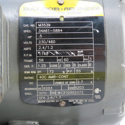 Baldor M3539 .5HP AC Electric Motor 1140RPM 208-230/460V 3PH 56 Frame Tested