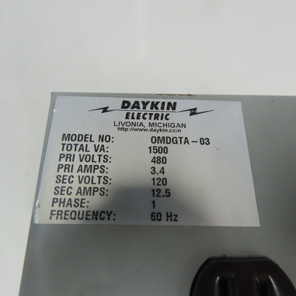 Daykin OMDGTA-03 1Ph Transformer Disconnect 1500VA 3.4A 480V Pri 12.5A 120V Sec