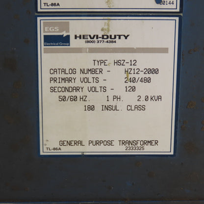 Hevi-Duty HSZ-12 HZ12-2000 2.0kVA 1PH Transformer Pri 240/480 Sec 120V Tested