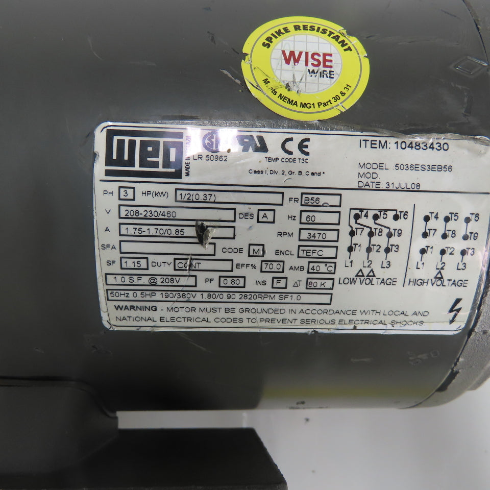 WEG 5036ES3EB56 1/2HP AC Electric Motor 3Ph 230/460V B56 Frame 3470RPM