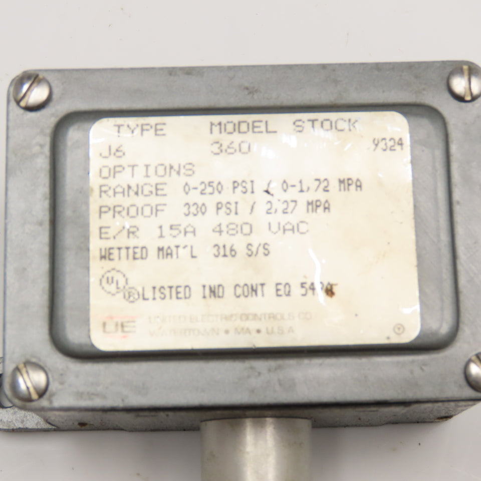 United Electric Controls Type J6 Model 360 0-250PSI 480VAC Pressure Switch