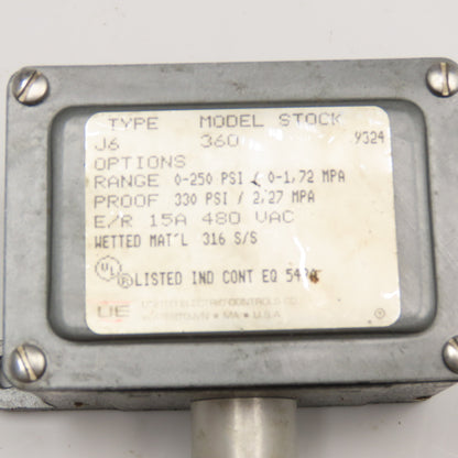 United Electric Controls Type J6 Model 360 0-250PSI 480VAC Pressure Switch
