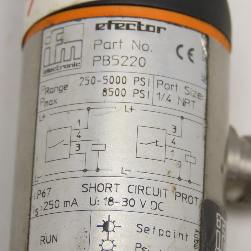 IFM Efector PB5220 Pressure Sensor 250-5000PSI 1/4" NPT 18...30VDC