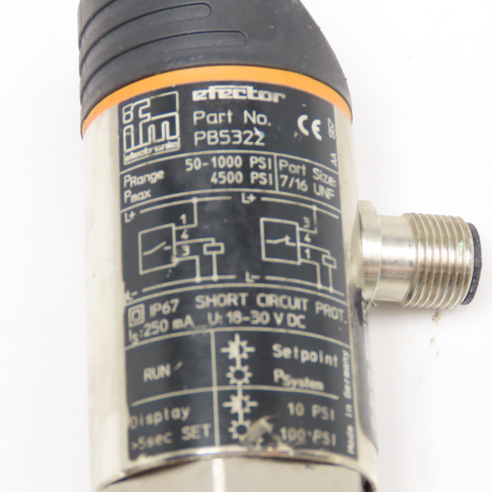 IFM Efector PB5322 Pressure Sensor 50-1000PSI 7/16 UNF 18...30VDC