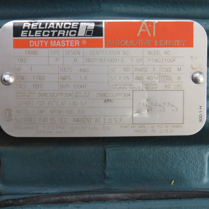 Reliance P18G3100F 1HP AC Electric Motor 460V 3PH 1.4A 1760RPM 182 Frame Tested