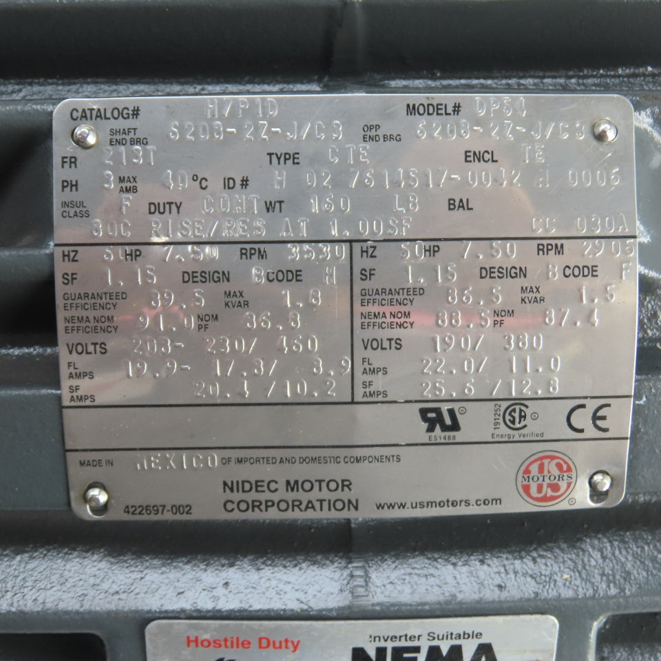Nidec H7P1D DP54 7.5HP AC Electric Motor 230/460V 3PH 3530RPM 213T Frame Tested