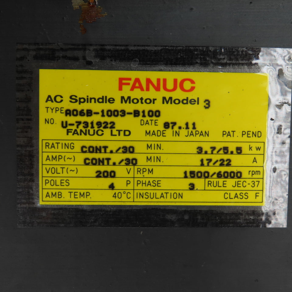 Fanuc A06B-1003-B100 3.7 / 5.5kW AC Spindle Motor 200V 3PH 4P 1500/6000RPM