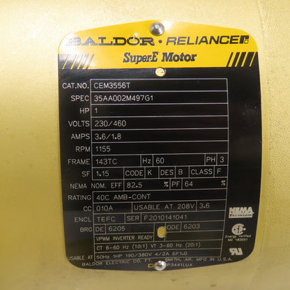 Baldor CEM3556T 1HP AC Electric Motor 3Ph 230/460V 1155RPM 143TC Frame