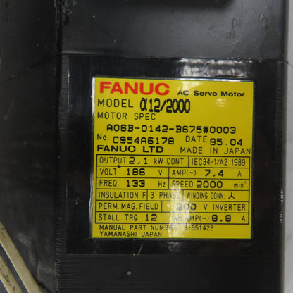 Fanuc A06B-0142-B675#0003 2.1kW AC Servo Motor 186V 2000RPM Parts/Repair