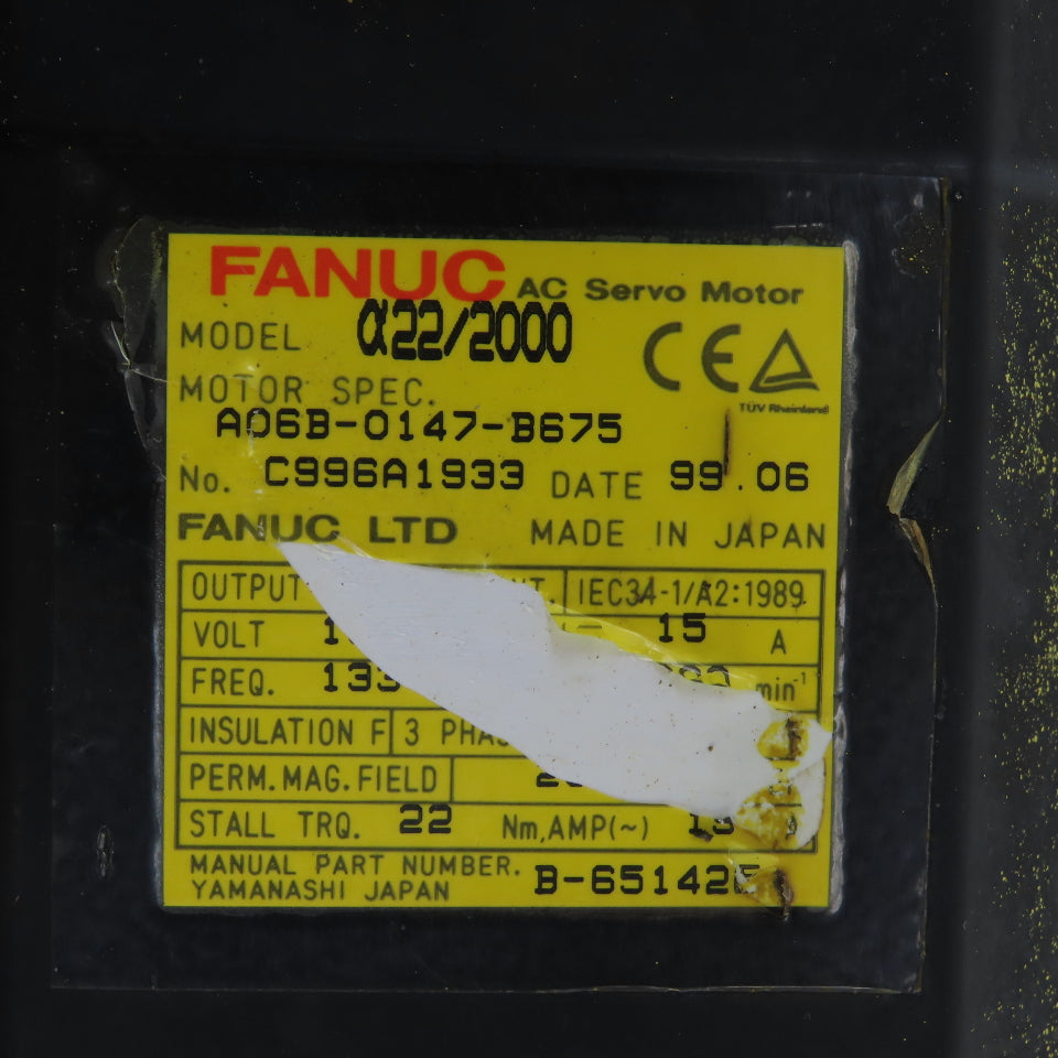Fanuc A06B-0147-B675 A12/2000 3.8kW AC Servo Motor 157V 3PH 2000RPM 15A 133HZ