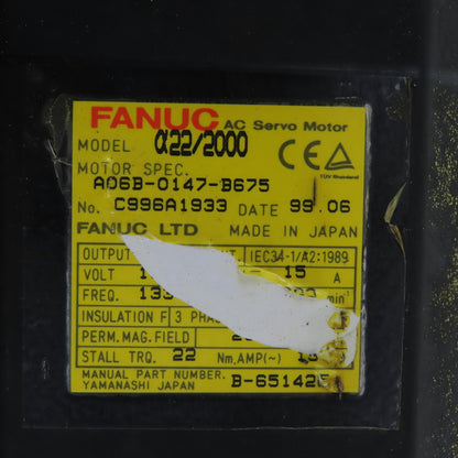 Fanuc A06B-0147-B675 A12/2000 3.8kW AC Servo Motor 157V 3PH 2000RPM 15A 133HZ