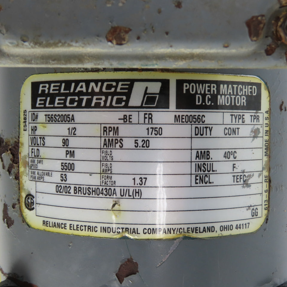 Reliance T56S2005A 1/2HP DC Electric Motor 90VDC 1750RPM ME0056C Fr. Tested