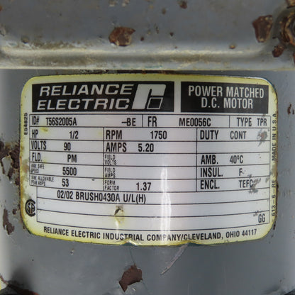 Reliance T56S2005A 1/2HP DC Electric Motor 90VDC 1750RPM ME0056C Fr. Tested
