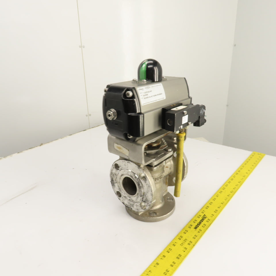 Durco 2" Stainless 3-Way Flanged Valve W/Flowserve Pneumatic Actuator B100DS