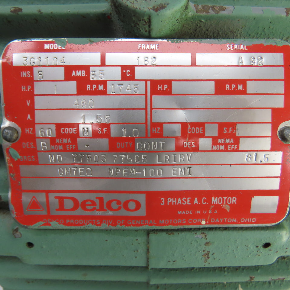 Delco 3G3104 1HP AC Electric Motor 460V 3PH 1745RPM 182 Frame Tested