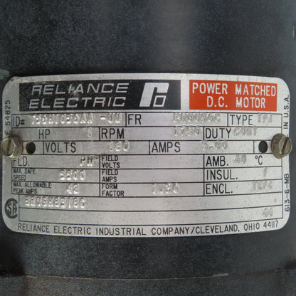 Reliance TPR 1HP DC Electric Motor 180V 1750RPM EM0056C Frame 5/8" Tested