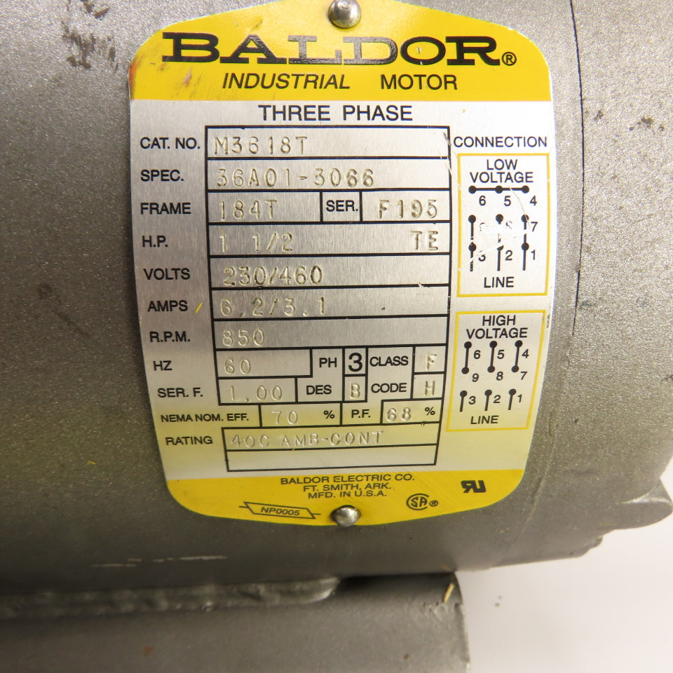 Baldor M3618T 1-1/2HP AC Electric Motor 230/460V 850RPM 184T Frame 1-1/8" Tested
