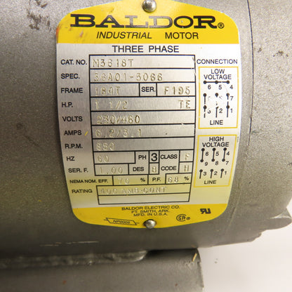 Baldor M3618T 1-1/2HP AC Electric Motor 230/460V 850RPM 184T Frame 1-1/8" Tested