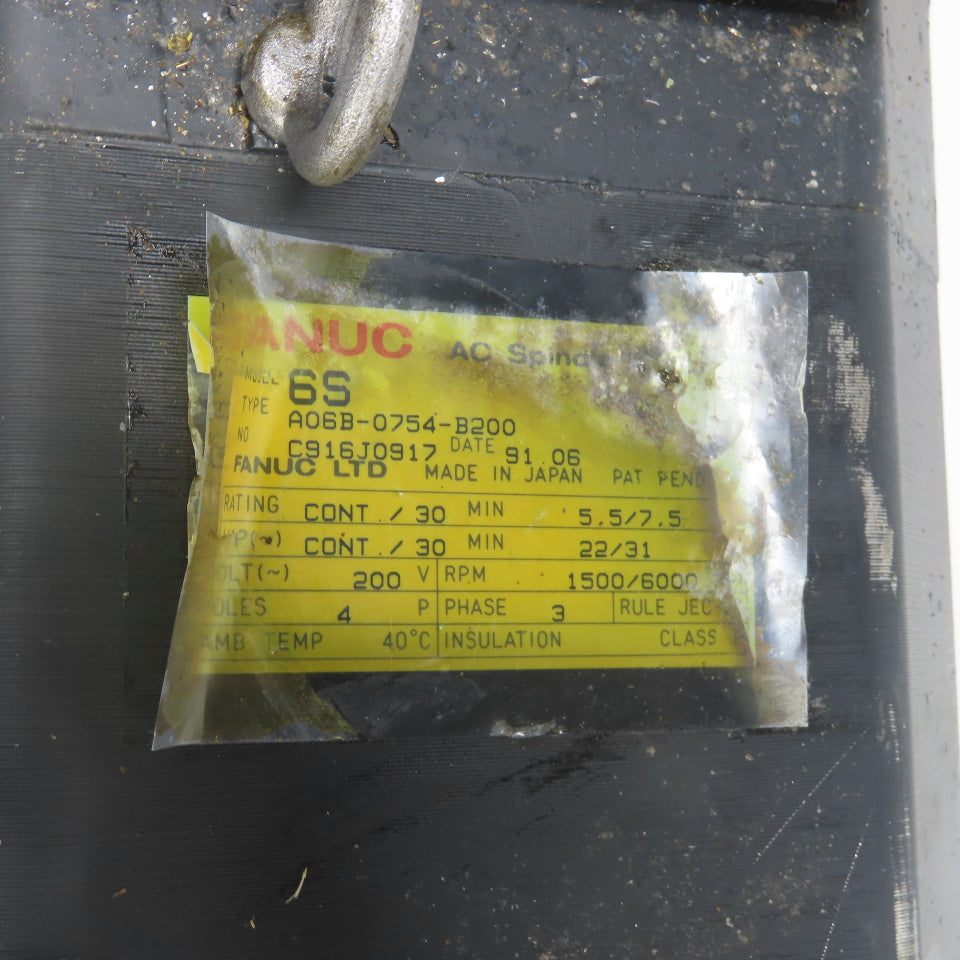 Fanuc A06B-0754-B200 AC Spindle Motor 200V 1500/6000RPM 3Ph 4-Pole