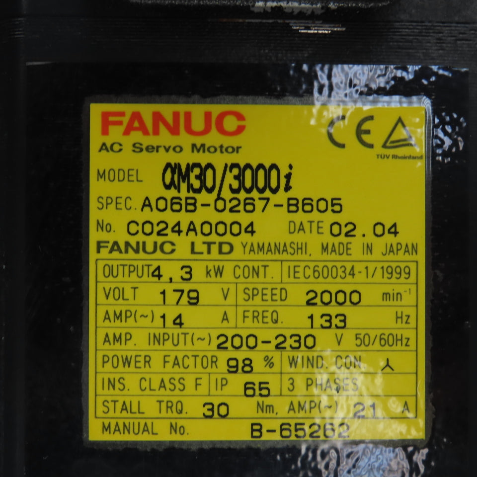 Fanuc A06B-0267-B605 aM30/3000i 4.3kW AC Servo Motor 2000RPM 179V W/ Encoder