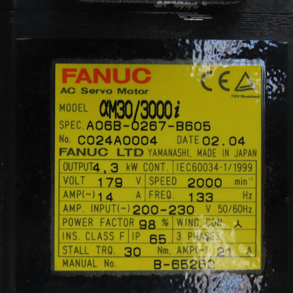 Fanuc A06B-0267-B605 aM30/3000i 4.3kW AC Servo Motor 2000RPM 179V W/ Encoder