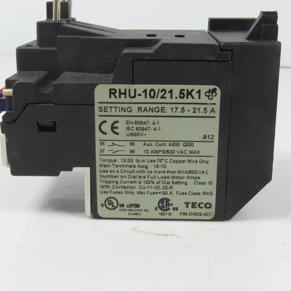 Teco RHU-10/21.5K1 Thermal Overload Relay 17.5-21.5A Range 600VAC Max