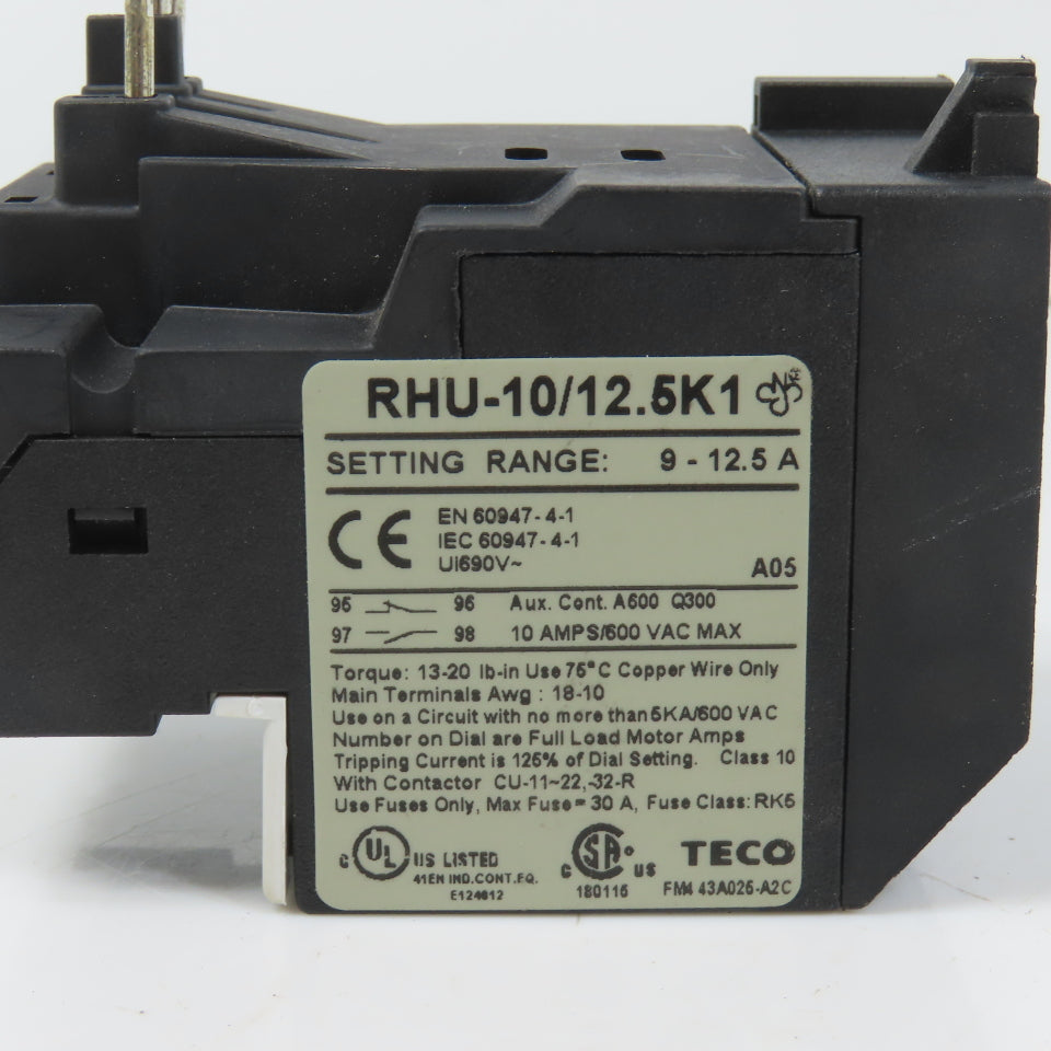 Teco RHU-10/12.5K1 Thermal Overload Relay 9-12.5A Range 600VAC Max
