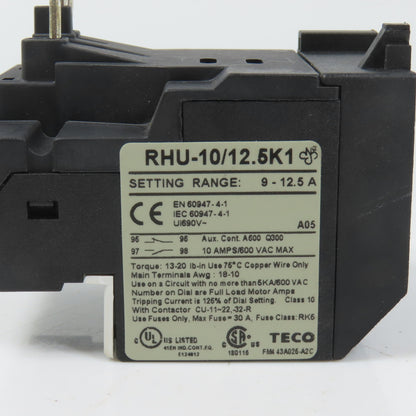 Teco RHU-10/12.5K1 Thermal Overload Relay 9-12.5A Range 600VAC Max